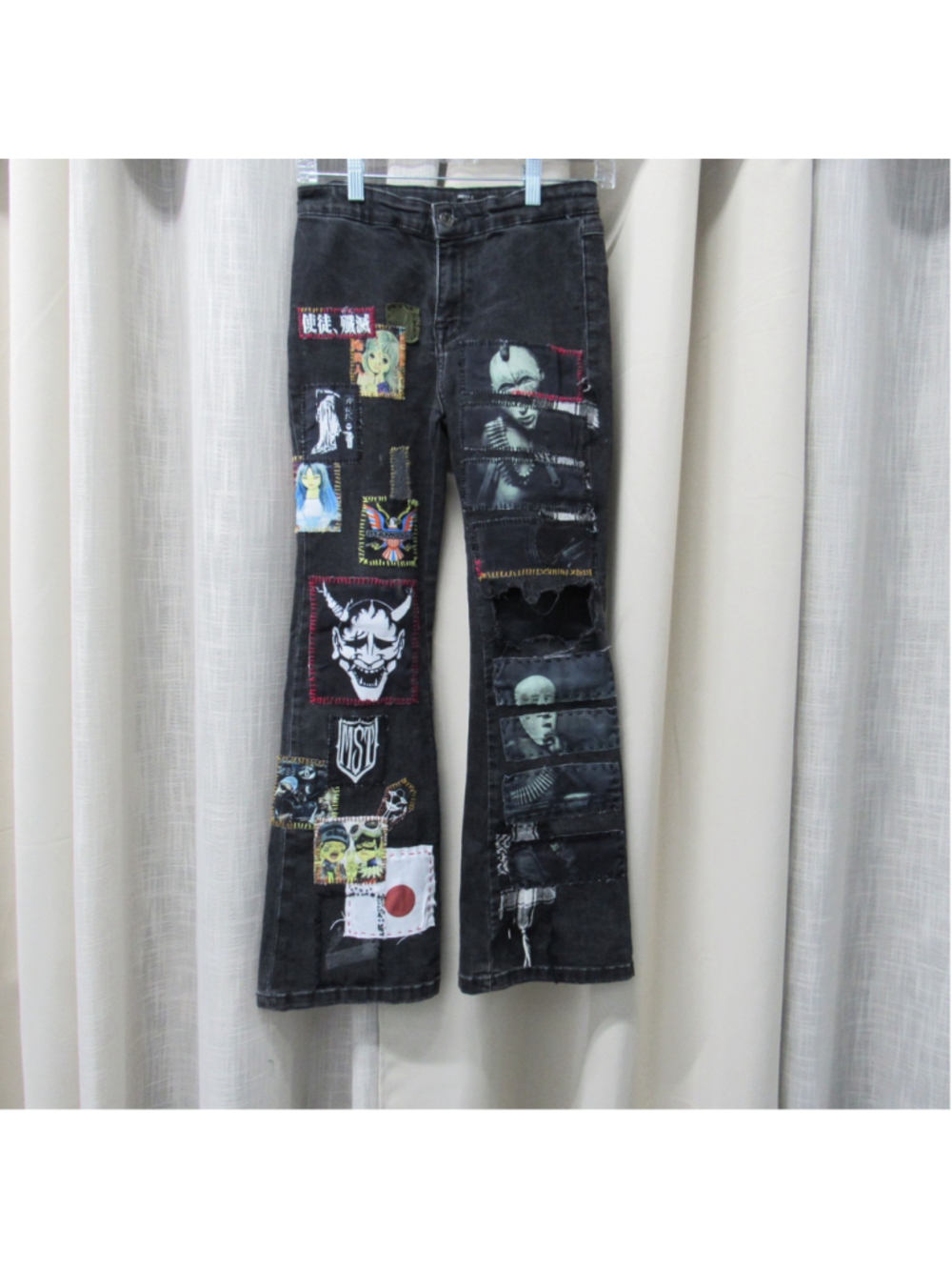 Custom MST Style Patch Pants Crust Punk Denim Hannya Demon Anime Kid 13/14 Flare